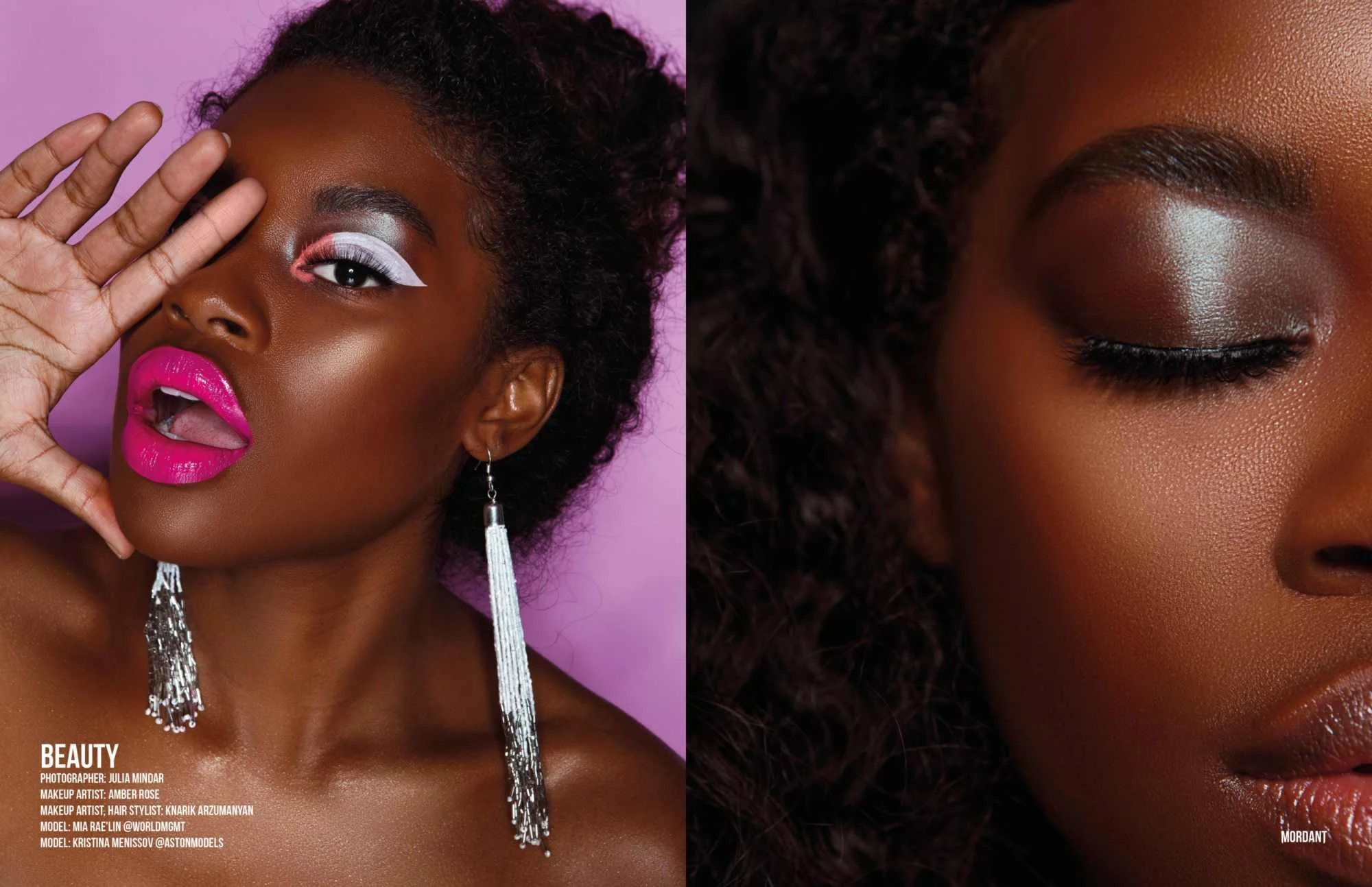 Beauty editorial, bold pink lip, graphic makeup
