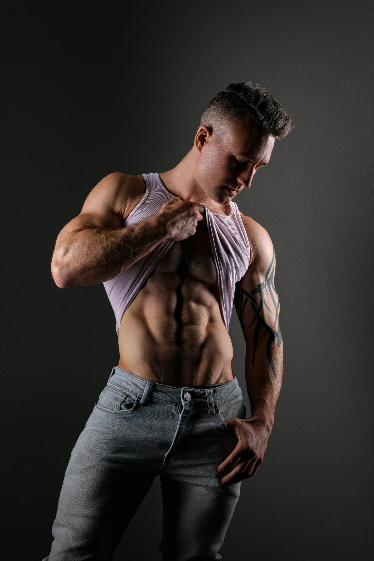 Editorial men's portrait, studio, directed movement